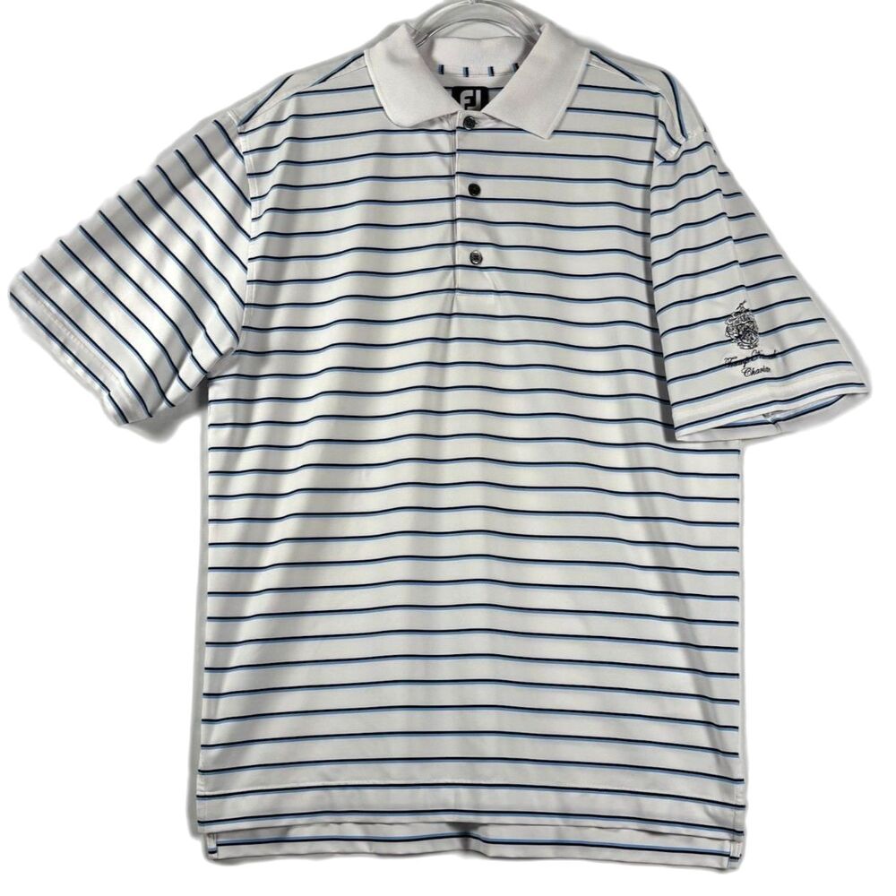 FootJoy Trump National Charlotte Golf Polo Shirt Mens Medium White Blue Striped